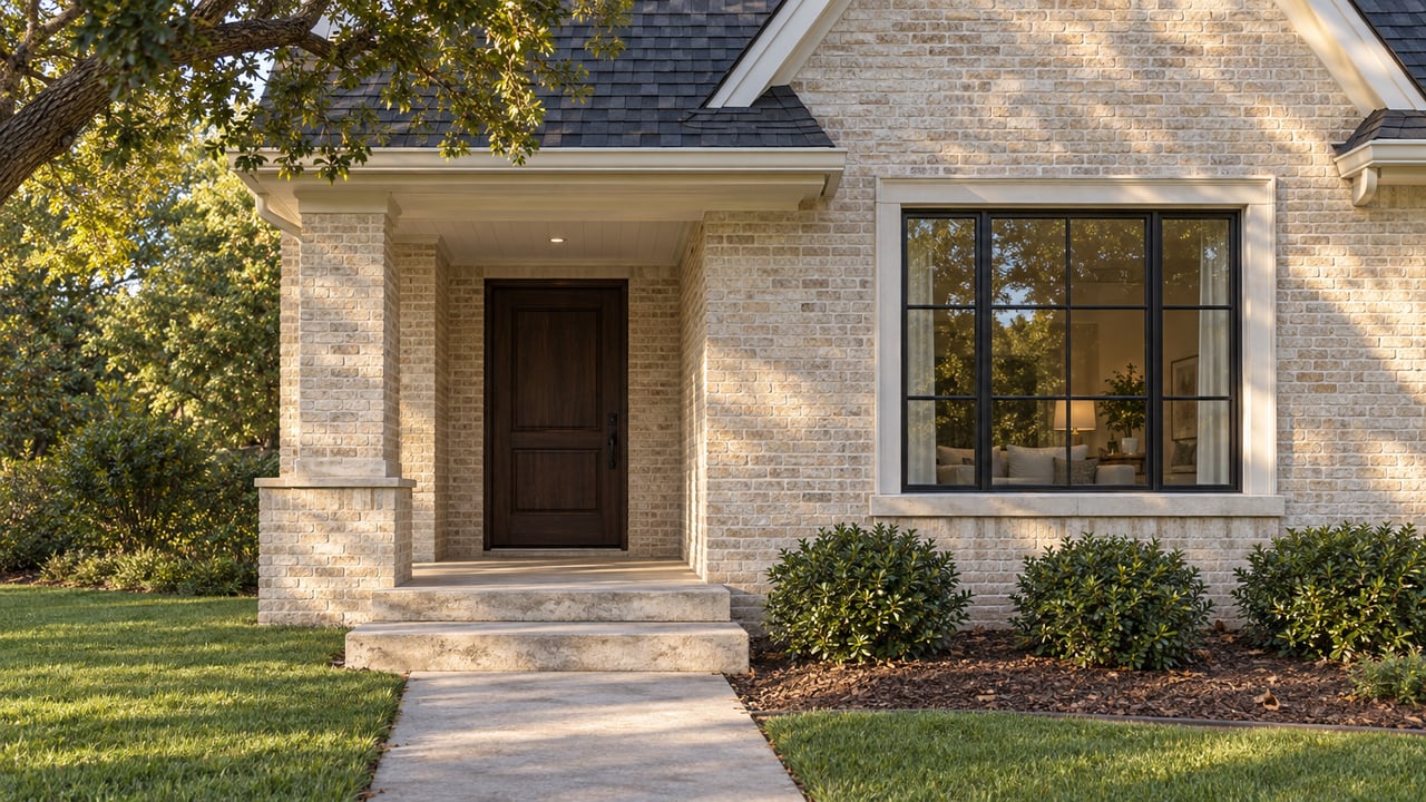 Cream-brick house entry with a dark timber door, limestone steps, and a black-grid picture window