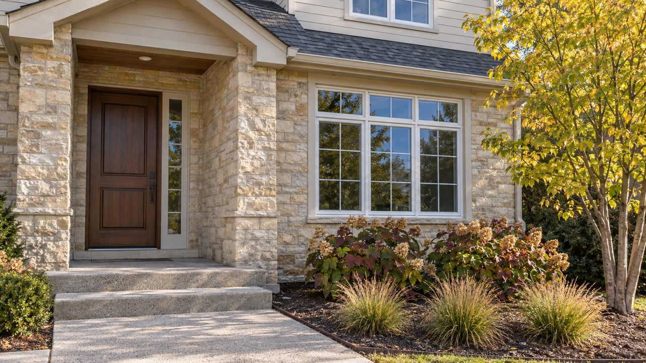Close view of a limestone-clad home entry, ivory siding and divided-pane window beside redbud and autumn planting.
