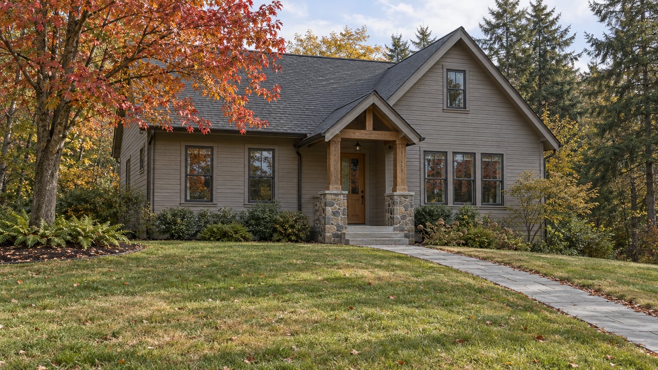 A gray gabled home with a timber entry porch beyond a broad autumn lawn, framed by a red maple and evergreen trees.