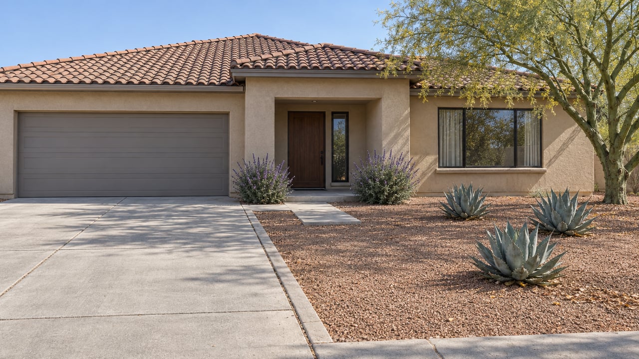 Tile-roofed beige stucco home behind a deep granite garden with a green-trunked specimen tree, agaves and a concrete entry walk.