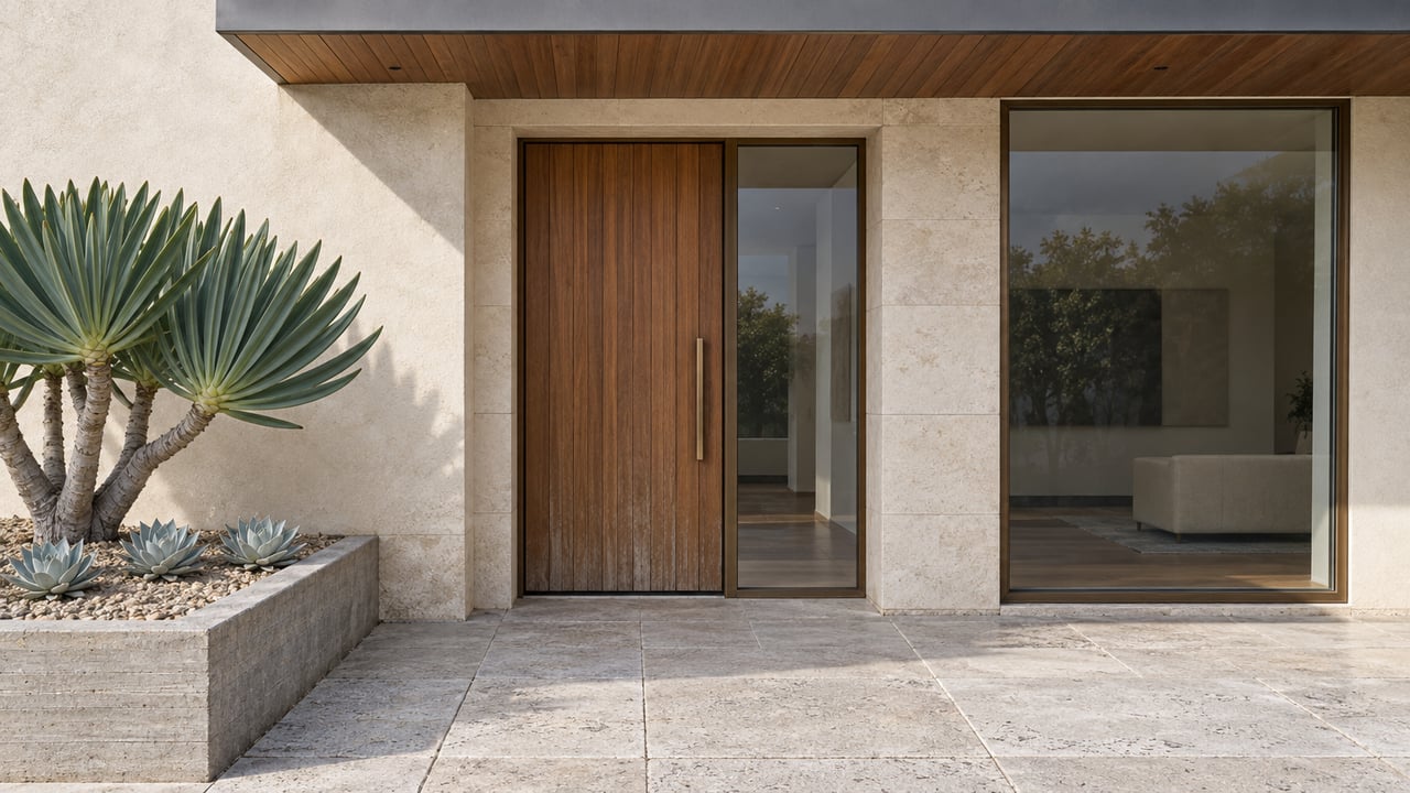 A contemporary home's teak entry door and bronze-framed windows beneath a flat roof, with limestone paving and sculptural succulents in a raised concrete bed.