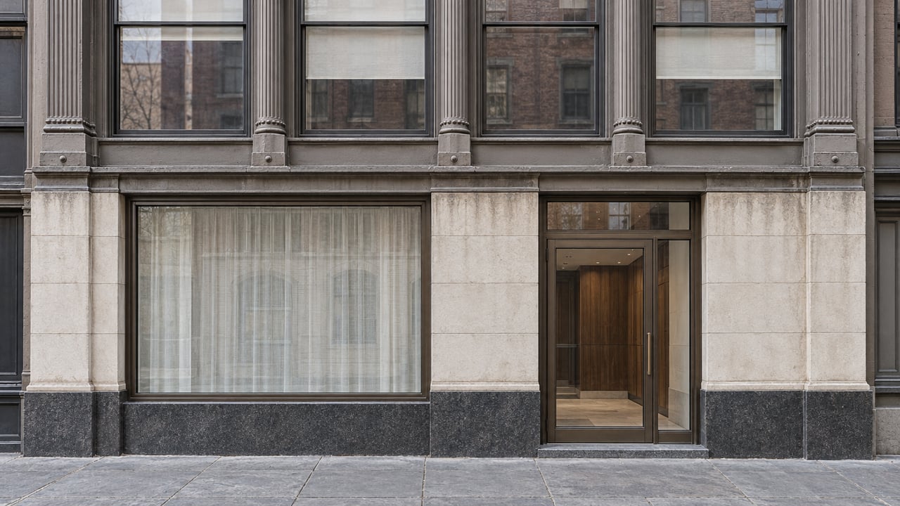Warm gray cast-iron residential facade with tall bronze-framed windows, a glazed entrance, and worn stone sidewalk.