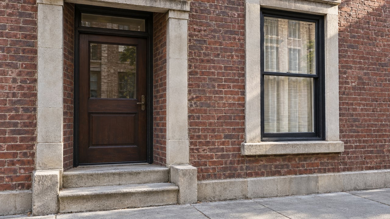 Weathered red-brown brick surrounds an oak residential door and black sash window above worn limestone steps.
