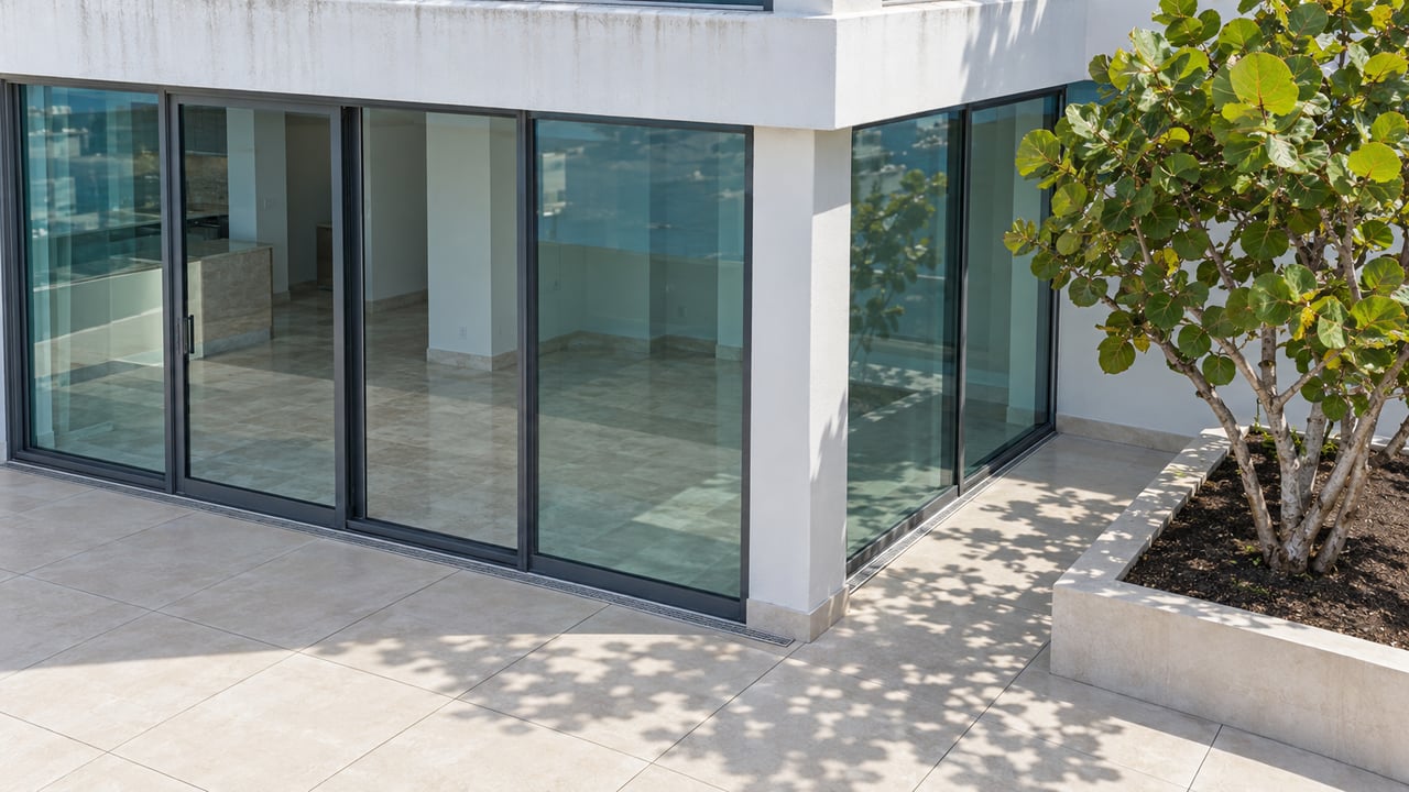 Sunlit condominium terrace with ivory paving, closed blue-green glazing, white concrete, and a sculptural sea grape tree in a raised planter.