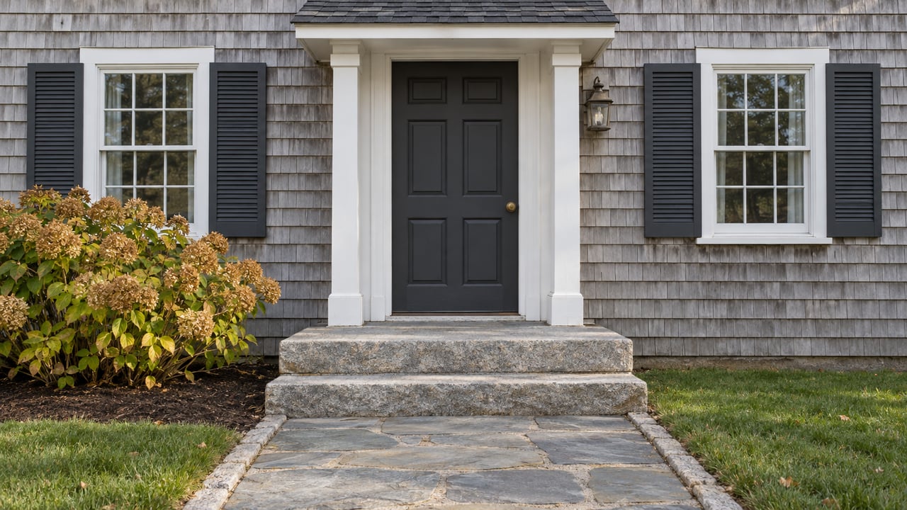 Silver-gray shingled home with a charcoal front door, white trim, shuttered windows, granite steps, and an autumn hydrangea.