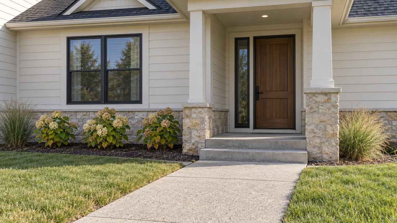 Sunlit covered home entry with ivory siding, buff limestone, a brown wood door, and autumn hydrangeas beside a concrete walk.