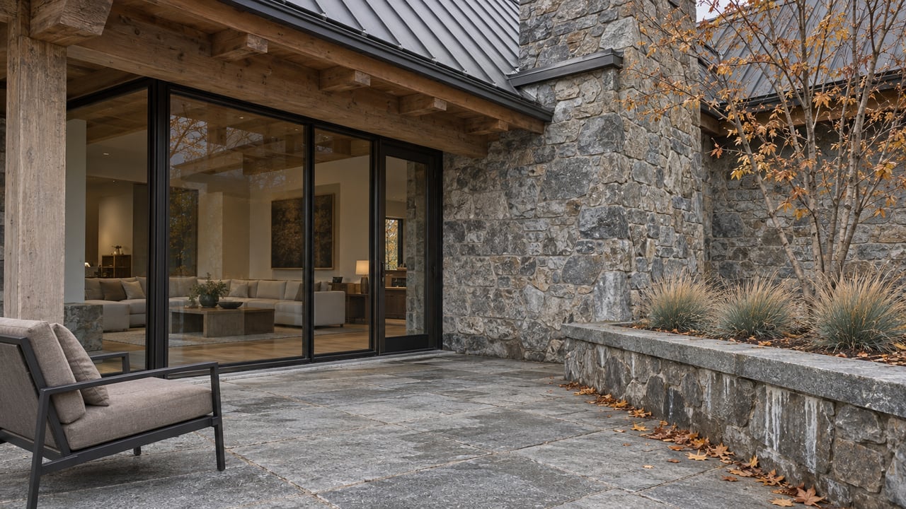 Stone and timber home beside a granite terrace, with closed bronze-framed glazing and a mostly bare maple in a raised stone planter.