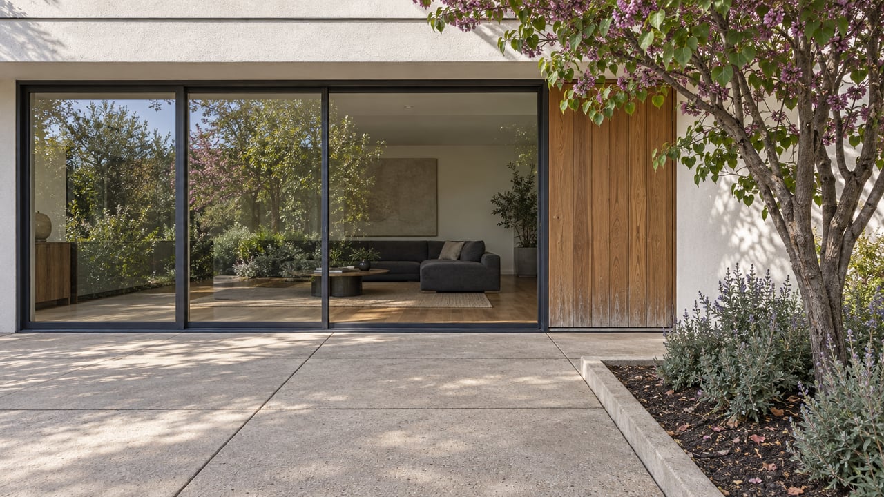 Sunlit stucco and dark-framed glazing beside a wood panel, with a concrete terrace and carefully planted redbud garden.