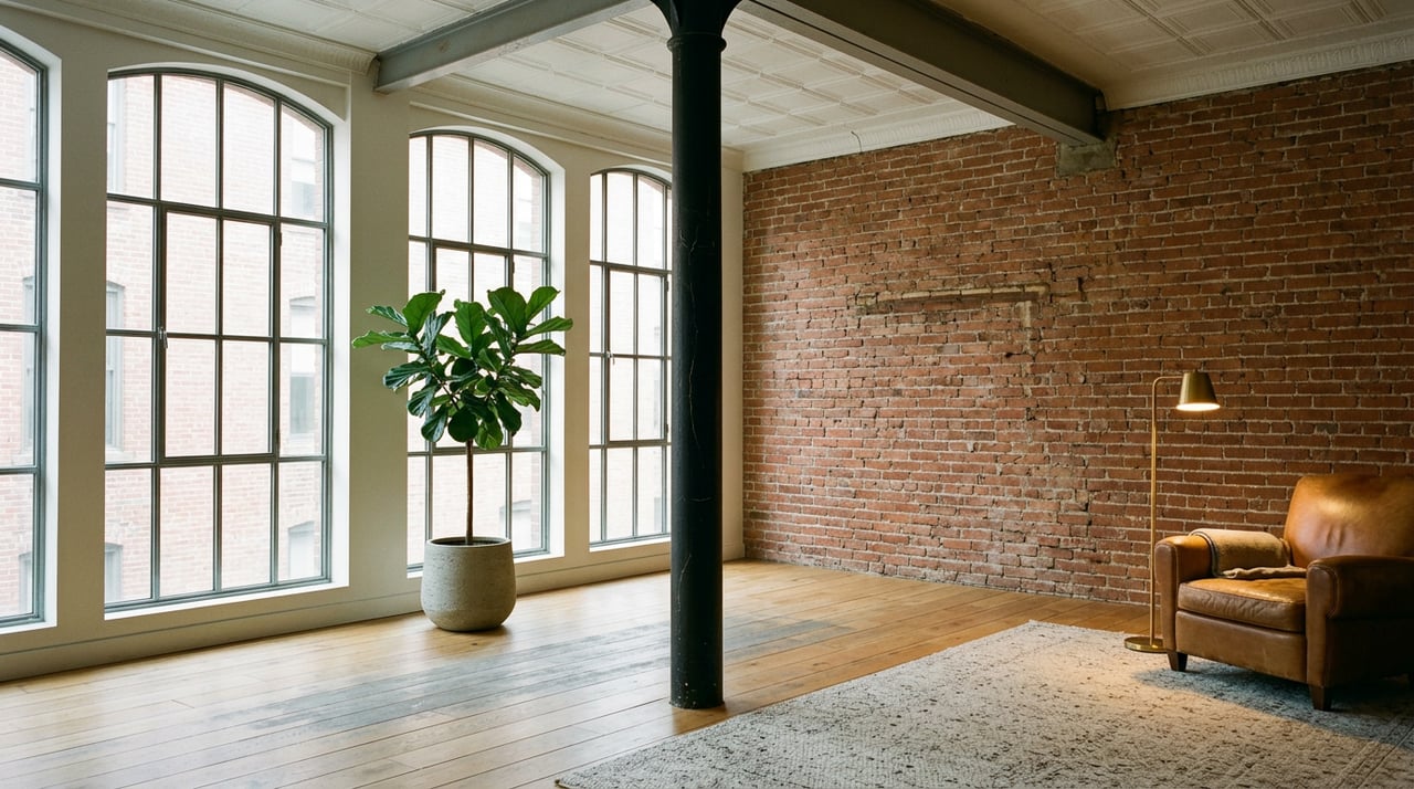Converted industrial loft with arched steel windows, a black cast-iron column, brick wall, and leather lounge chair.
