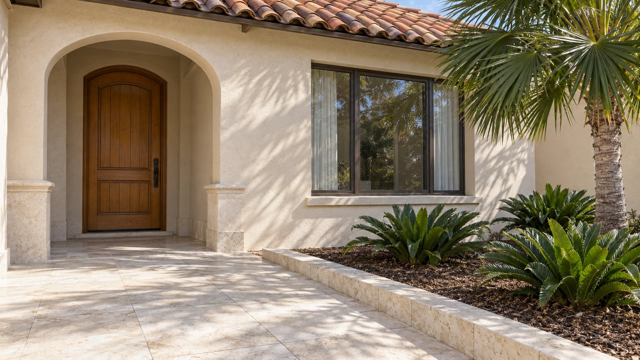 Sunlit stucco home entrance with a terracotta tile roof, timber door, limestone walk and a fan palm.
