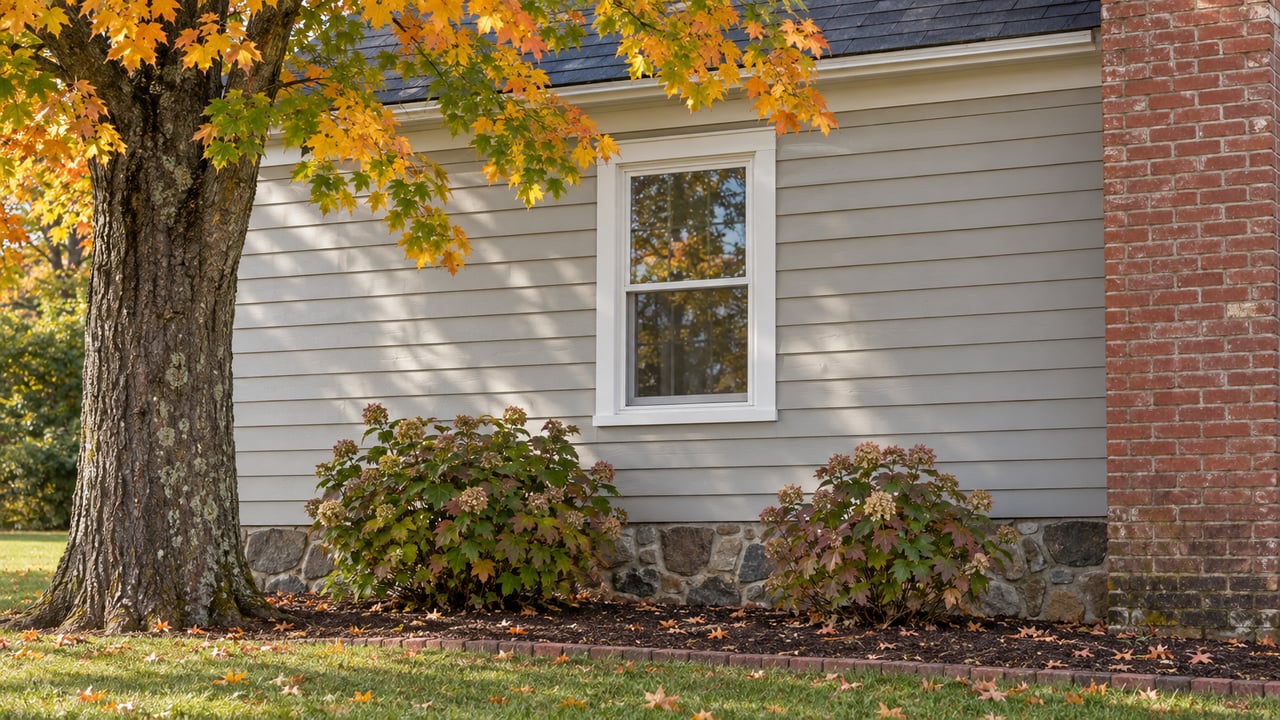 Pale gray clapboard house with a white-trimmed window, red-brick chimney, and amber-green maple beside the foundation.