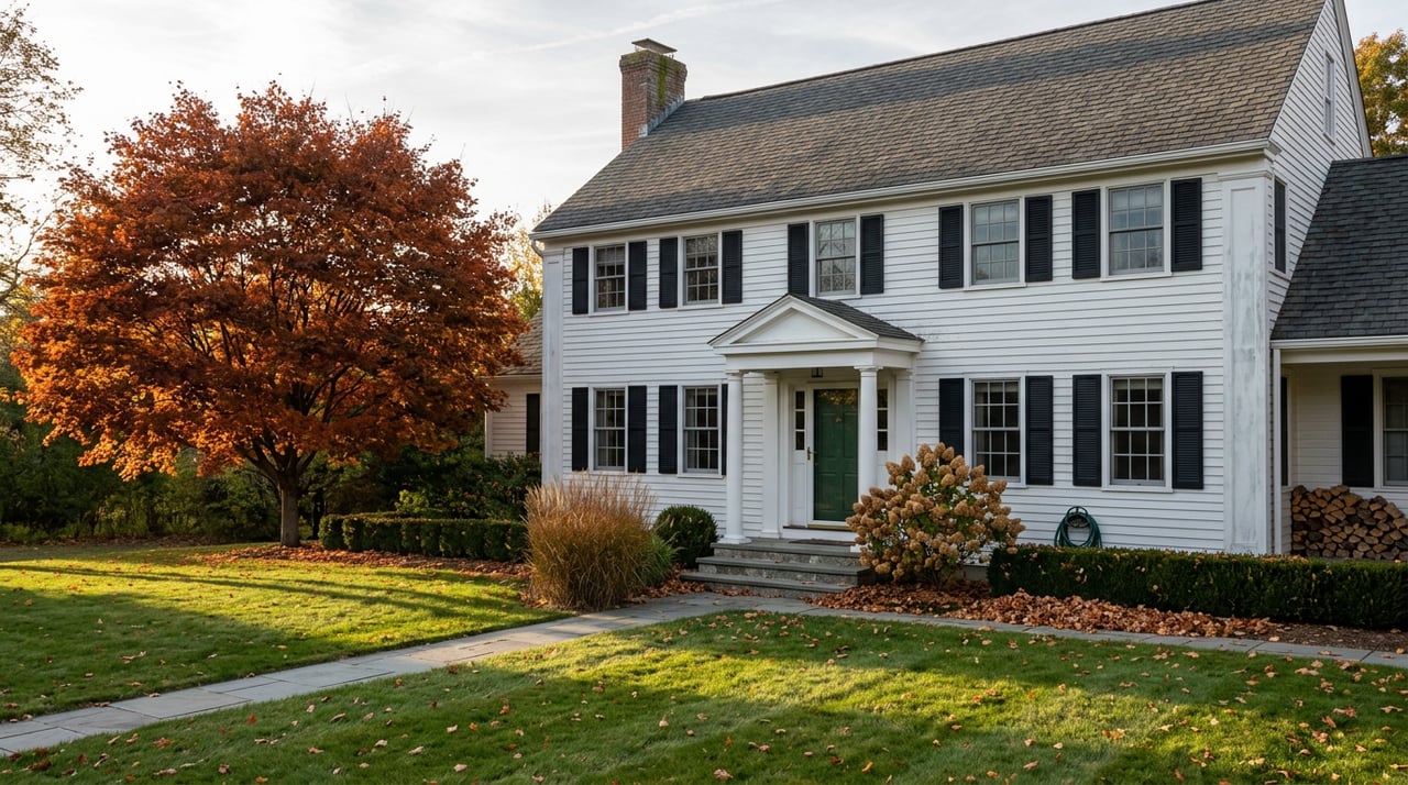 White clapboard house with a columned green-door entry, framed by an orange-red maple and autumn lawn.