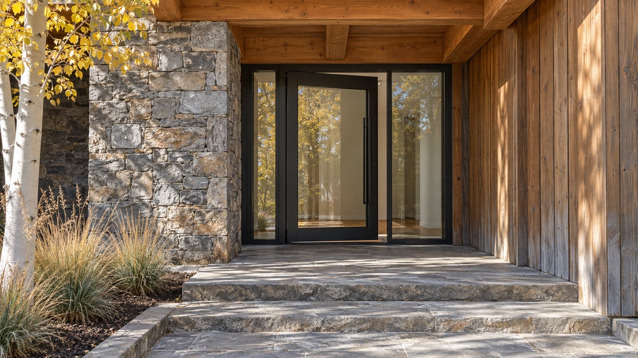 Autumn sunlight crosses a sandstone approach to a sheltered timber-and-stone home entrance with a black-framed glass door.