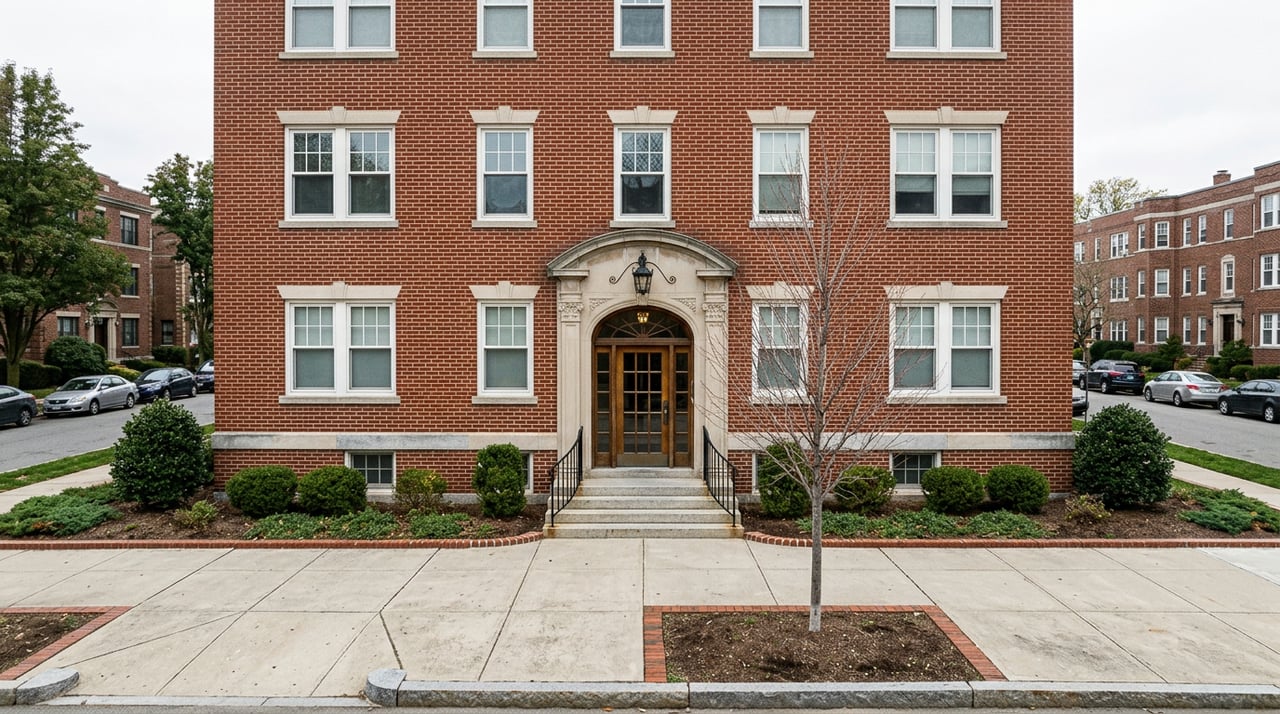 Three-story brick apartment façade with a central stone-arched entrance, flanking windows, and a paved forecourt.
