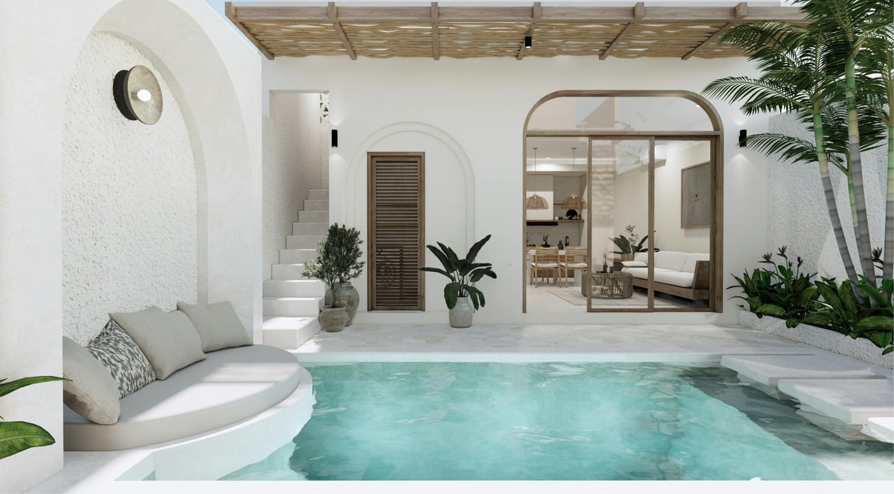 Modern white courtyard with a circular daybed, small private plunge pool, and palm trees.