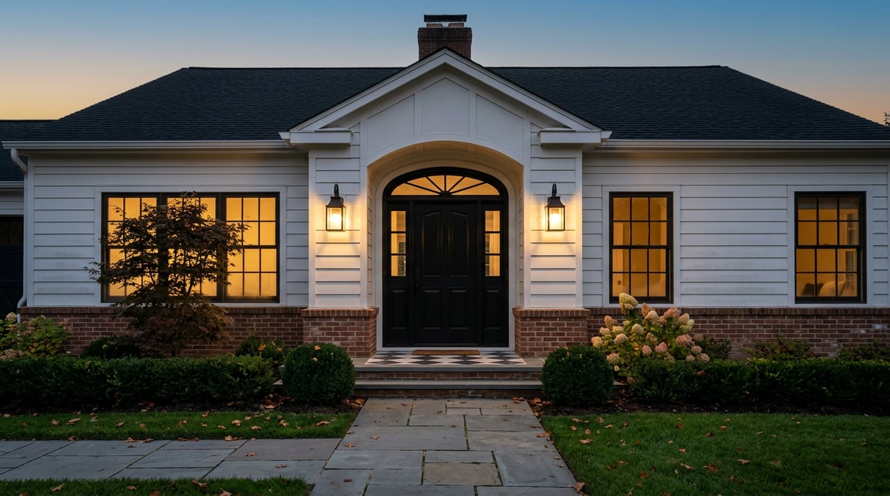 Symmetrical white home with a paneled black door, glowing windows, brick base, and bluestone walk at dusk.
