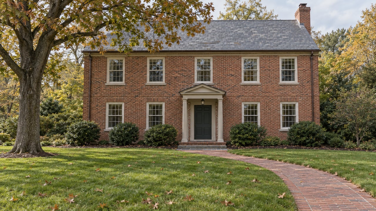A traditional red-brick house beyond a deep lawn, with a curved brick approach and a mature oak turning russet.