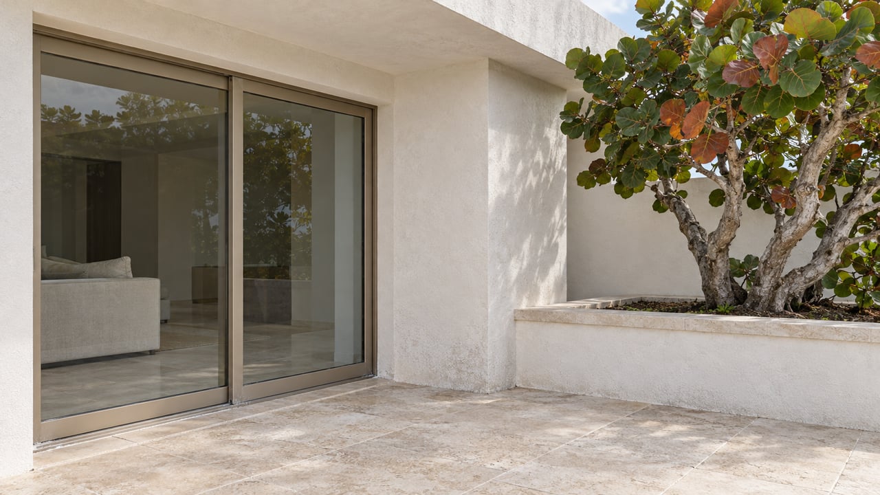 Pale stucco residence with bronze-framed glass doors, a limestone terrace and a sculptural sea-grape tree in a raised planter.
