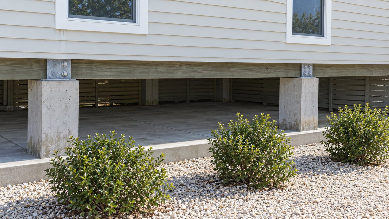 Raised coastal house with ivory siding on concrete piers, above a slab and curb-edged gravel planting bed.