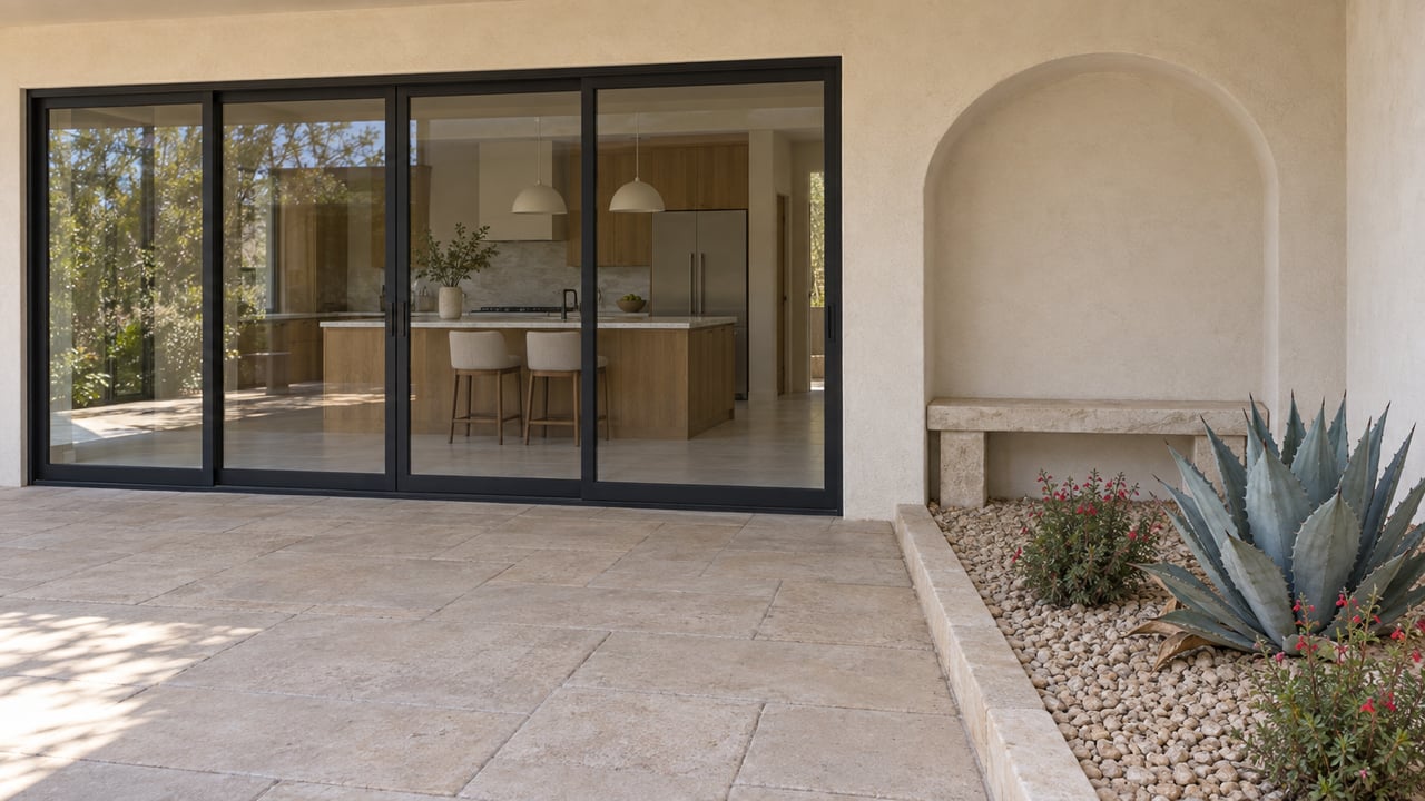 Cream stucco covered patio with closed black-framed glass doors, a warm wood kitchen inside, limestone bench, and agave planting beside sand-colored pavers.