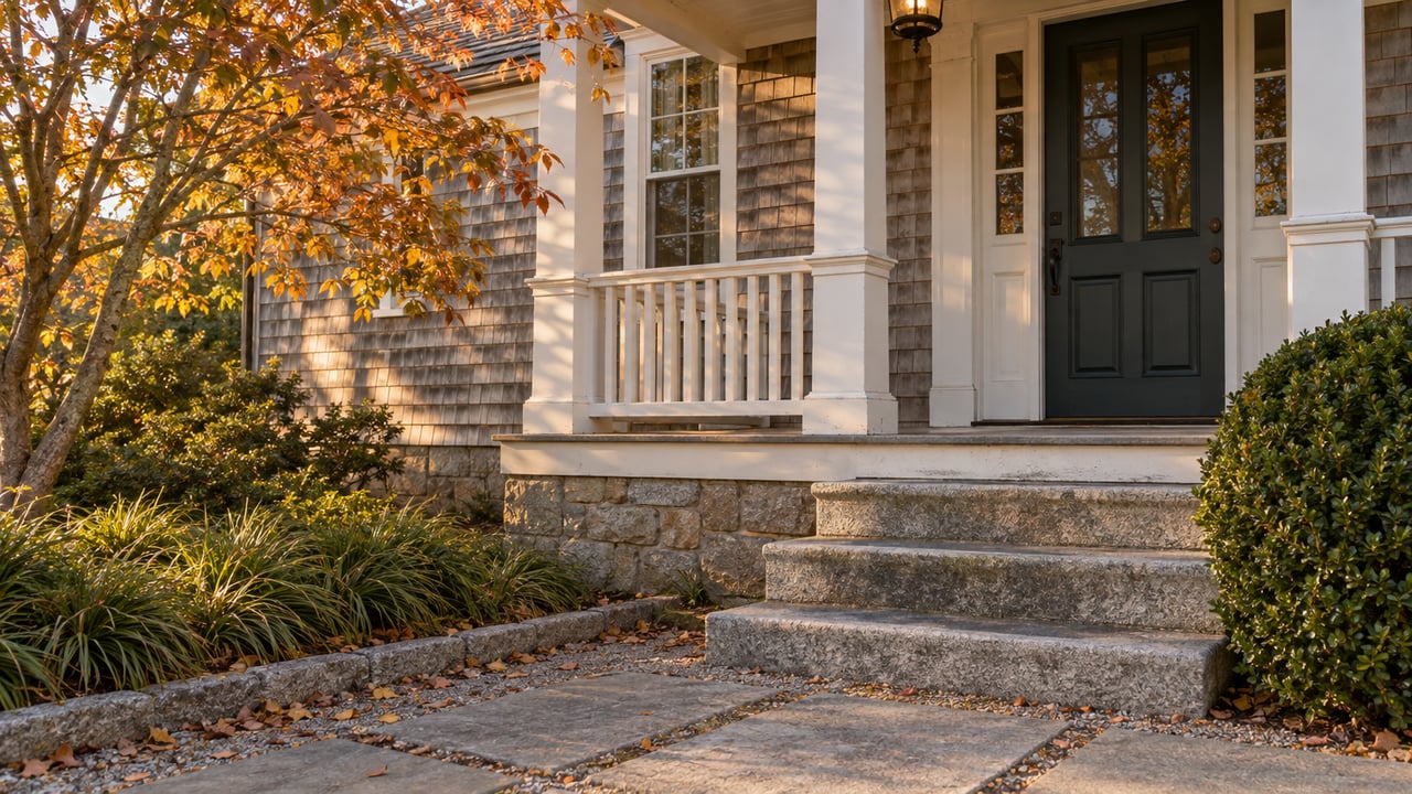 Shingled coastal house porch with granite steps, autumn serviceberry leaves, and a clipped boxwood beside the door.