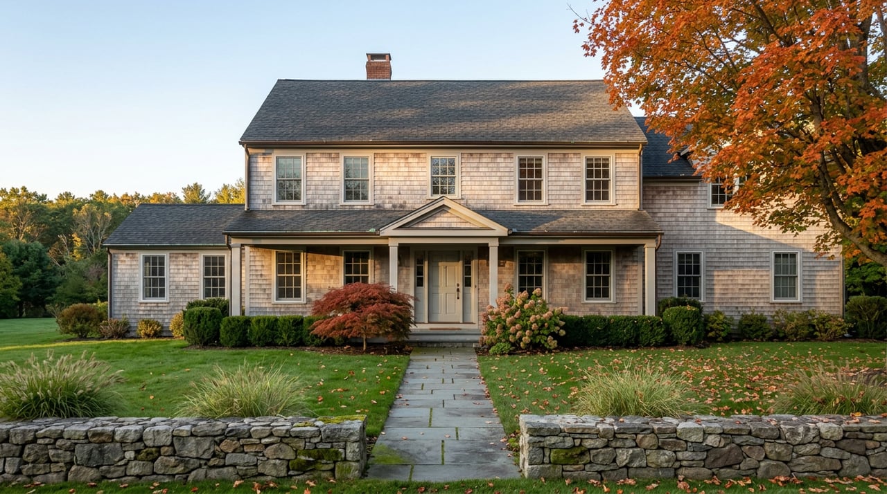 Two-and-a-half-story gray-shingled house with a covered porch, stone walk, and orange-red maple trees.