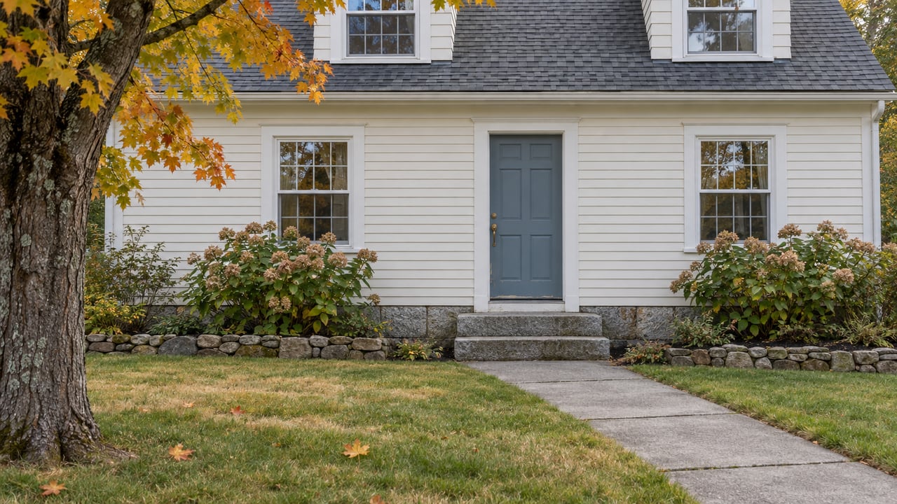 Ivory clapboard home with a blue front door, granite steps, autumn maple foliage and a lightly weathered front walk.