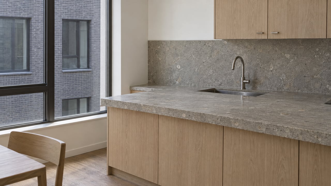 Daylit condominium kitchen with honed limestone counters, pale oak cabinets and tall dark-framed windows overlooking a neighboring brick building.