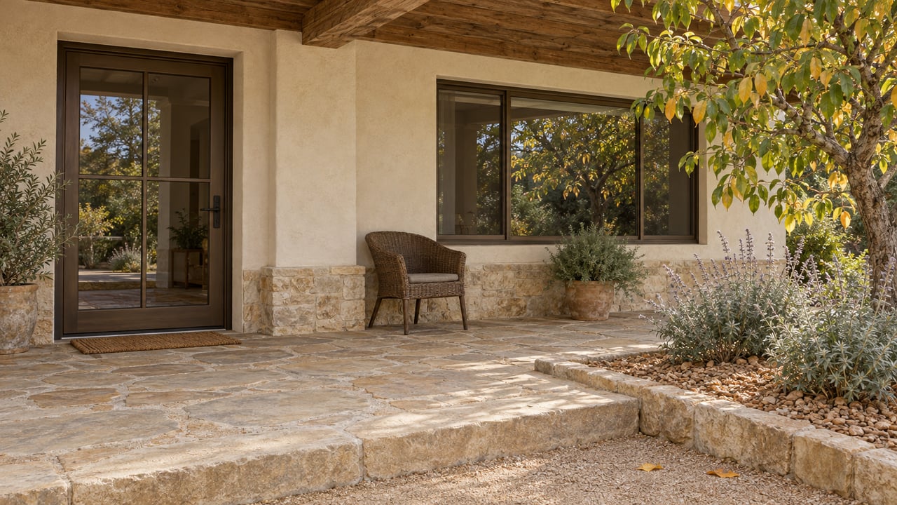 A timber-covered porch with cream stucco, bronze-framed glazing and worn sandstone paving beside a peach tree turning yellow.