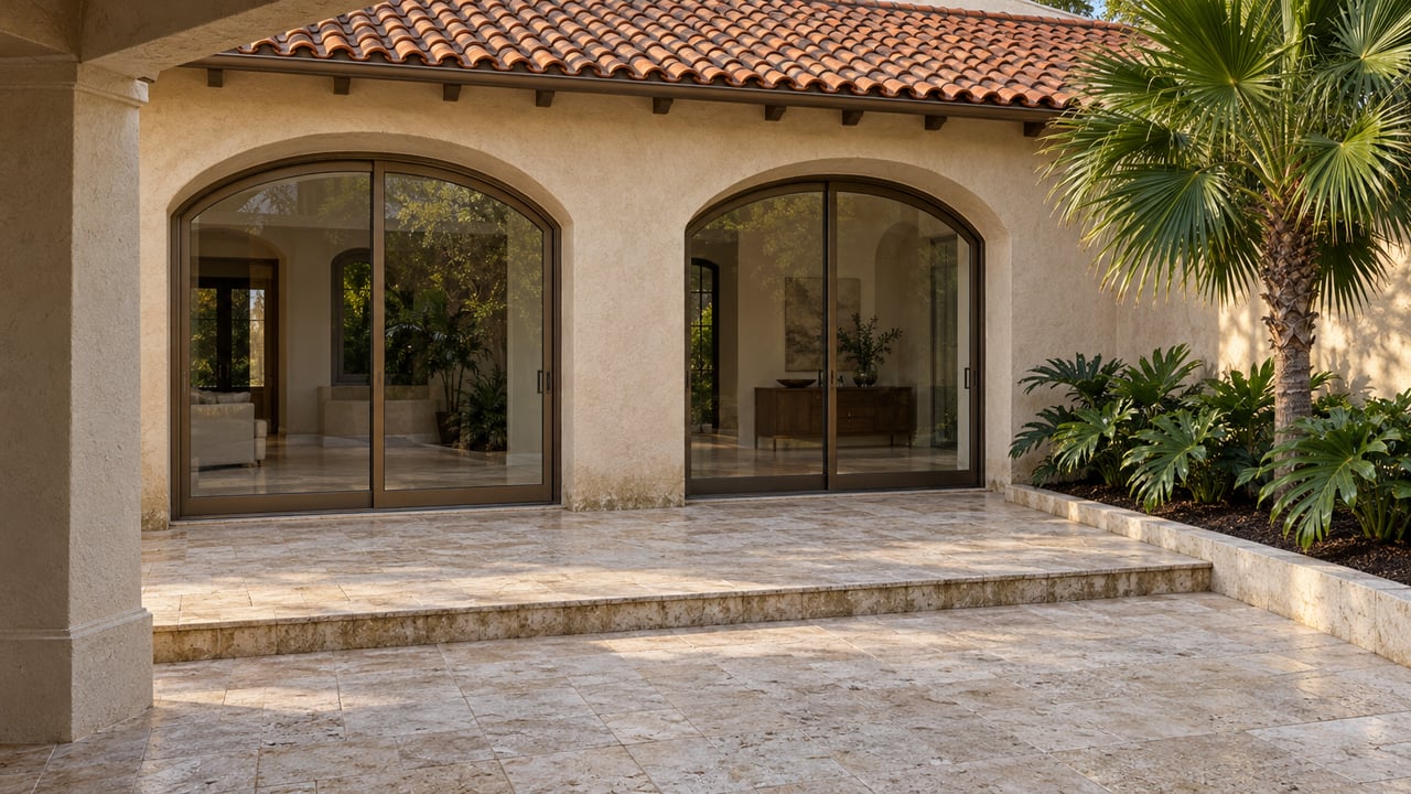 Sunlit limestone courtyard facing a sand-colored stucco home with clay roof tiles, arched glass doors and a single fan palm.