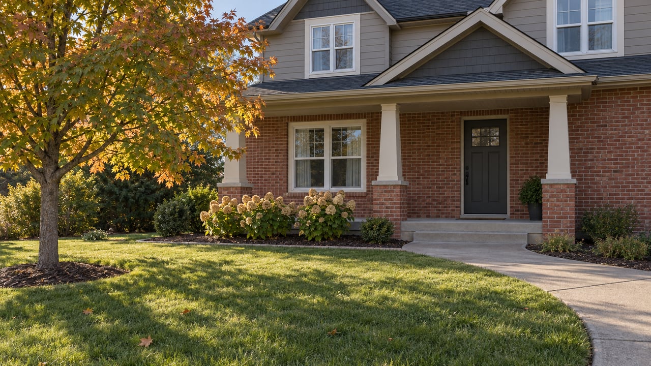Brick and taupe-sided two-story home with a covered porch, broad lawn and amber-green maple in afternoon light.