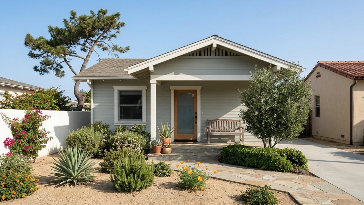 Gray single-story home with a white-trimmed porch, wooden bench, and flowering drought-tolerant landscaping.