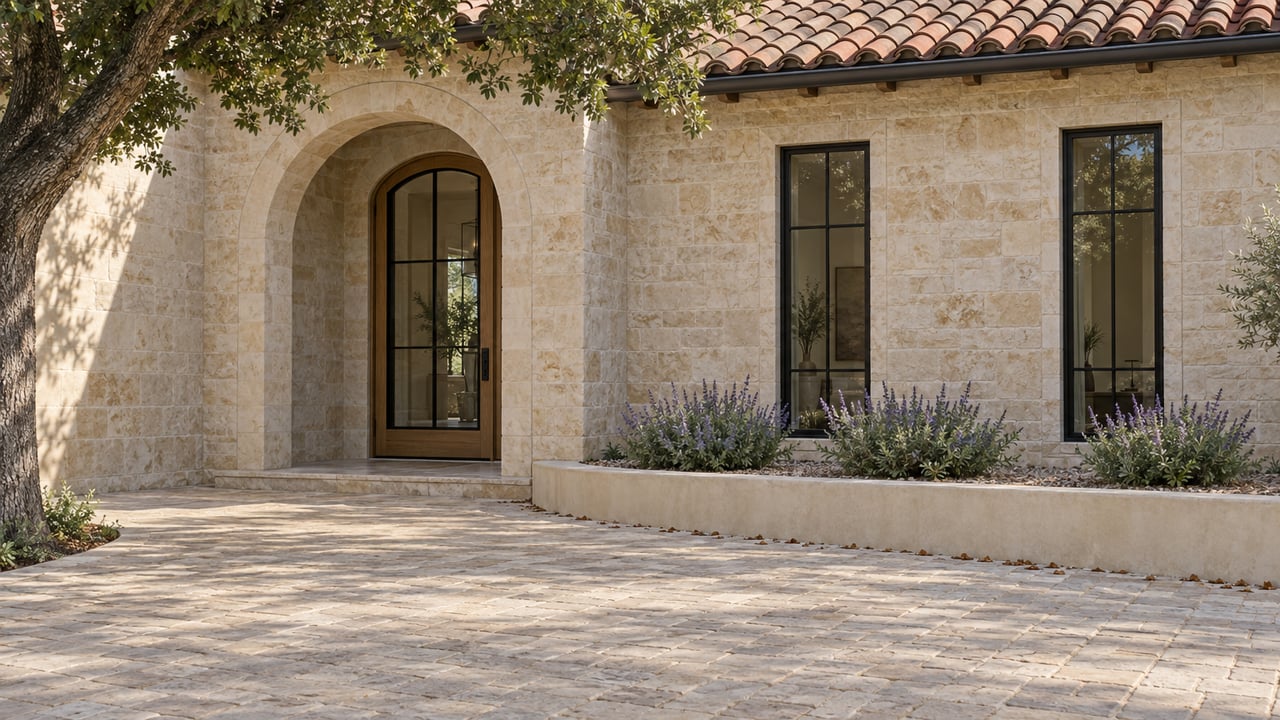 Limestone residential entry with an arched oak-and-steel door, narrow windows, clay-tile roof, and curved paved approach.