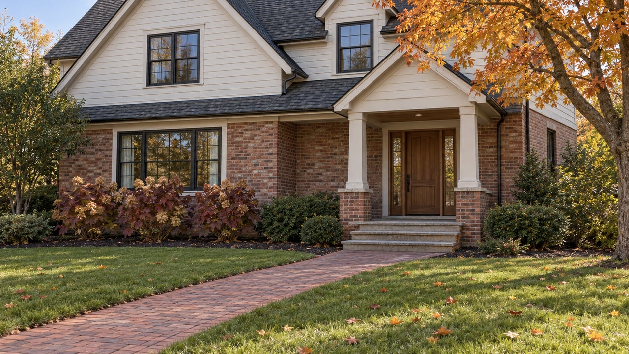 Brick-and-cream-sided home with a covered entry, a settled brick walk, deep lawn, and an orange-leaved maple in morning light.