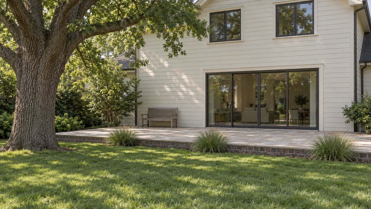 Two-story ivory-sided house behind a limestone terrace and lawn, with a mature oak at left.
