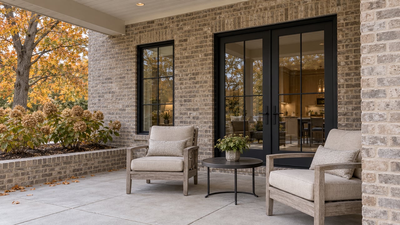 Autumn light on a brick home's covered rear porch, with glazed doors, weathered wood chairs and a maple beside the terrace.