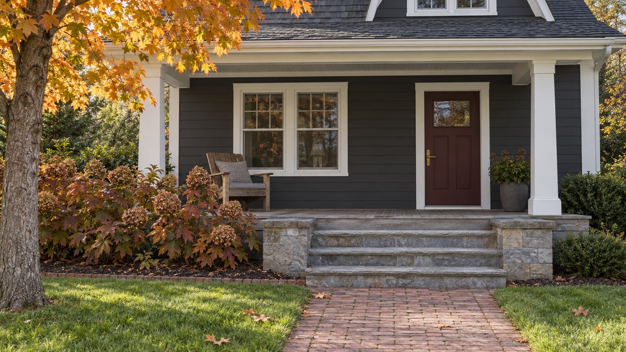 An autumn front walk leads across a lawn to a charcoal-sided home with a covered porch, burgundy door and limestone steps.
