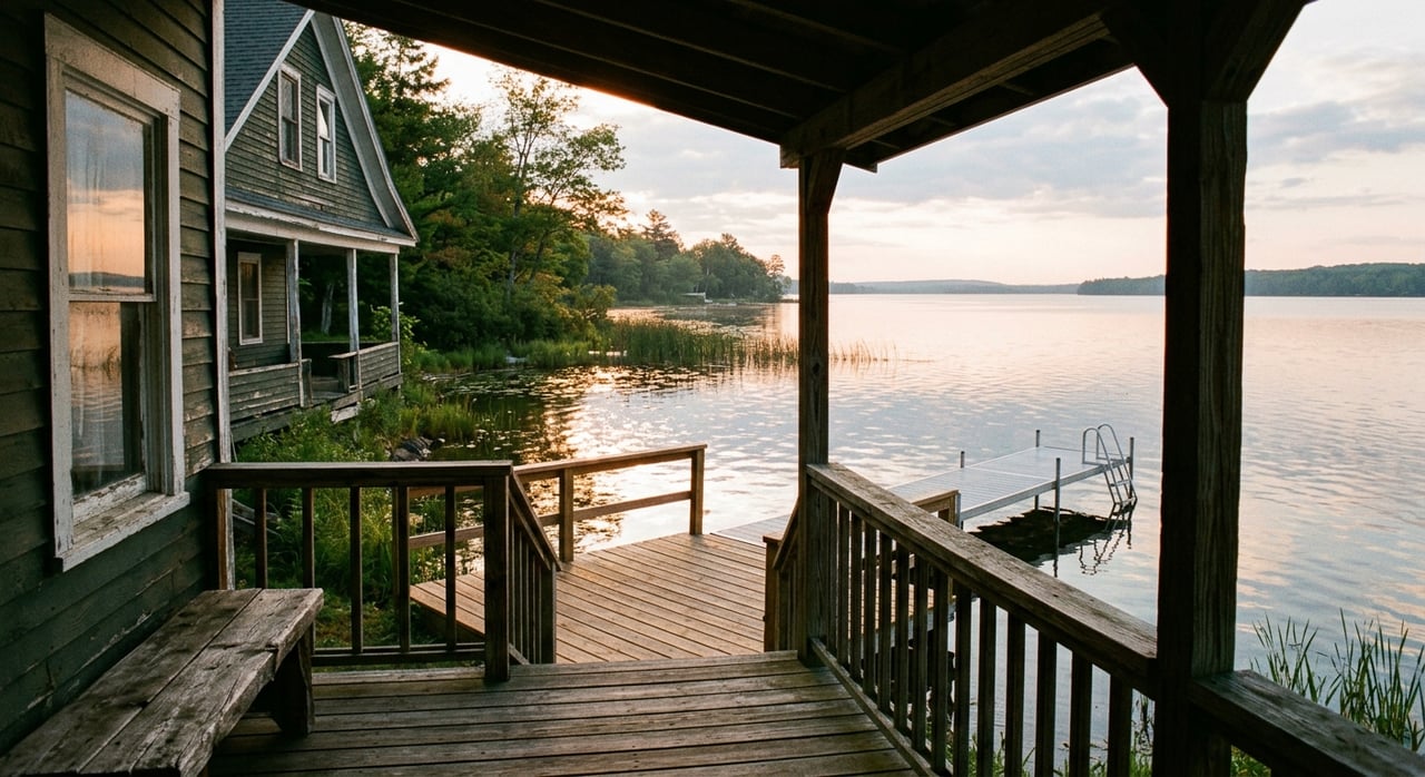 Two cedar Adirondack chairs and a small table sit on a porch overlooking a dock and rippling lake.