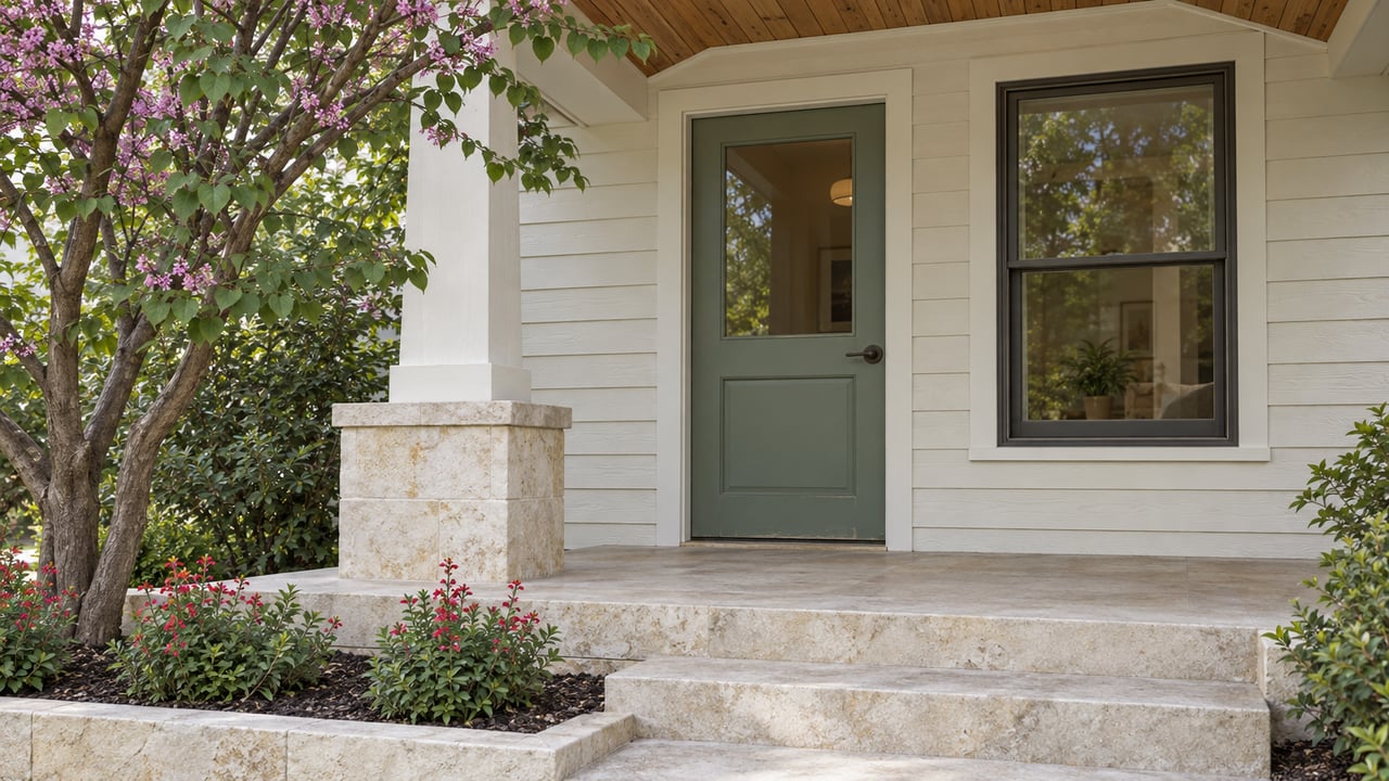 A sage-green bungalow door and dark-framed window beneath a cedar porch ceiling, with worn limestone steps and a redbud beside the entry.