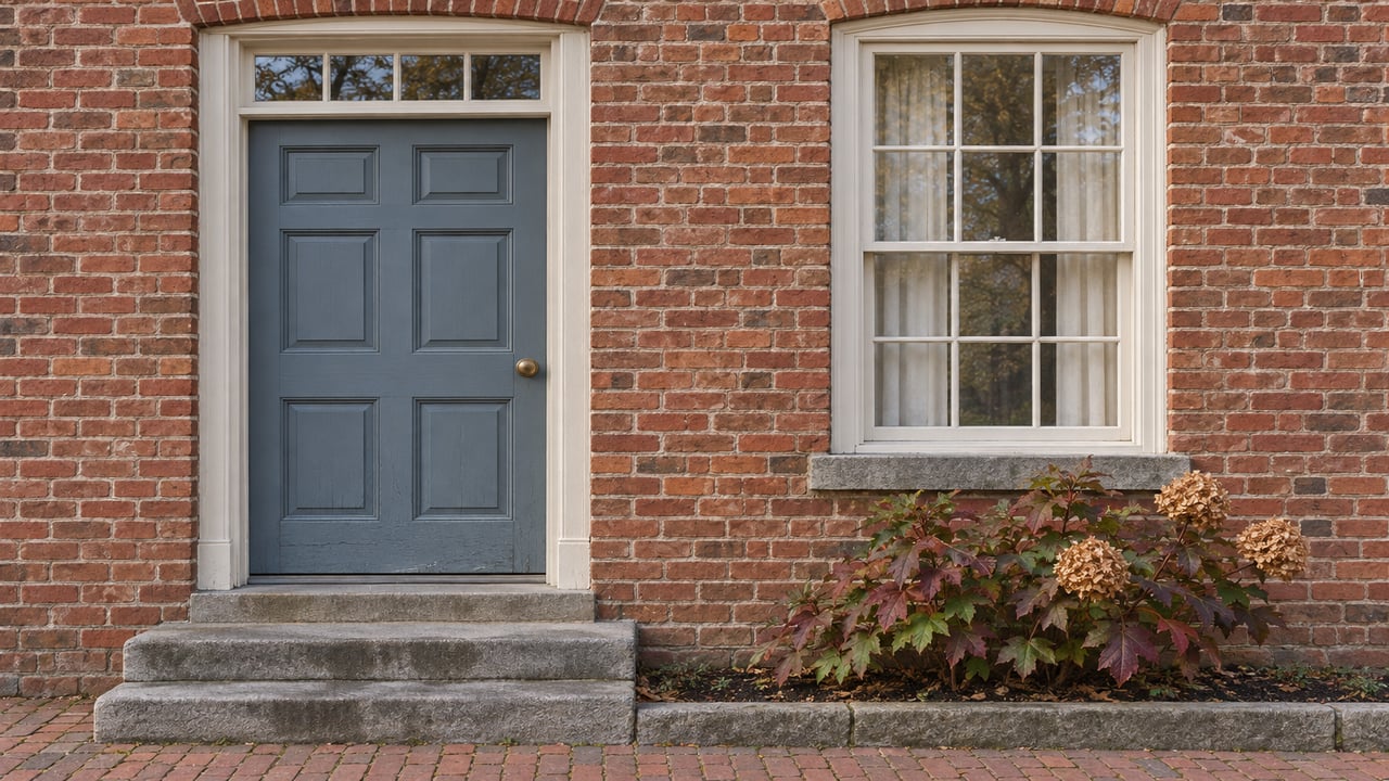 Red-brick townhouse entrance with a blue-gray paneled door, ivory sash window, worn stone steps and autumn oakleaf hydrangea.