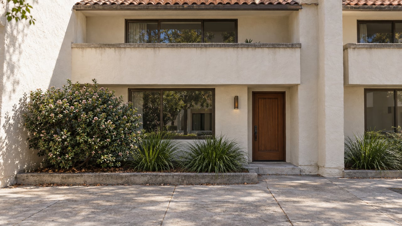 Attached condo facade with recessed balcony, bronze-framed window, wood entry door, and concrete courtyard.