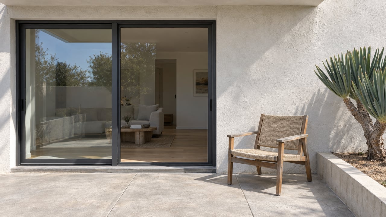 Sunlit white-stucco terrace with charcoal-framed sliding glass doors, a weathered teak chair, and a sculptural fan aloe in a raised concrete bed.