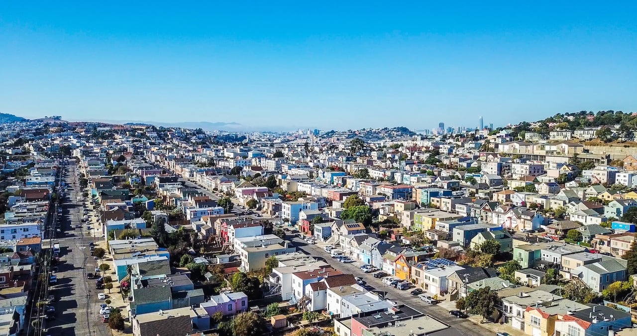Aerial view of the Excelsior neighborhood in San Francisco, showing residential homes and city streets popular with first-time buyers.
