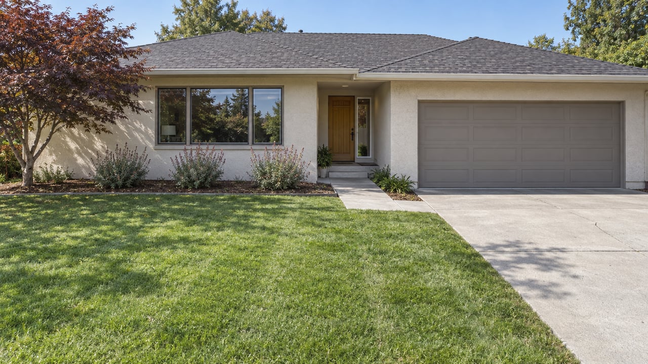 Well-maintained single-story stucco home with a deep front lawn, shaded wood entry, mature Japanese maple and attached two-car garage.