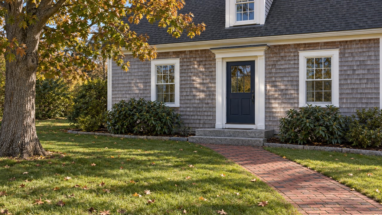 Gray cedar-shingled home with a navy door, brick approach and autumn oak beside a broad lawn.