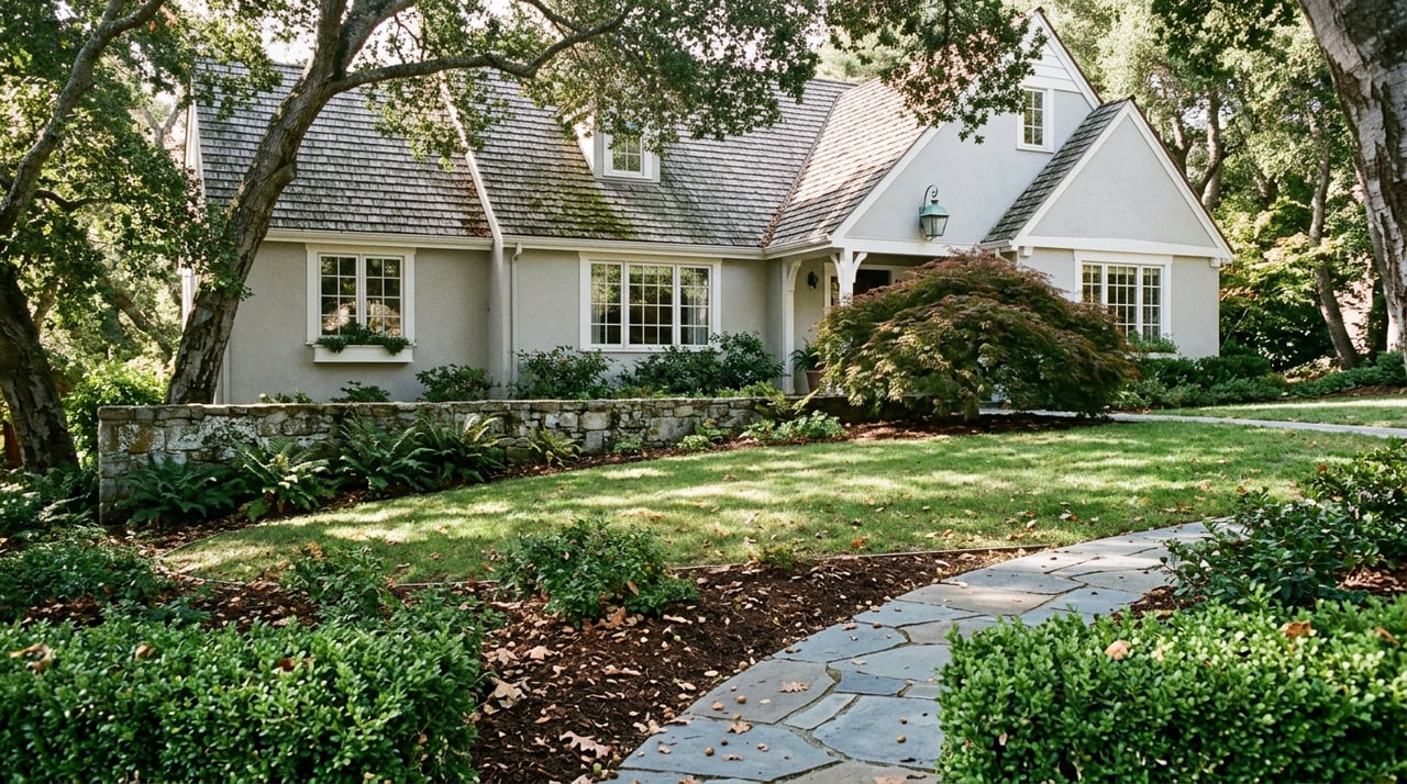Shingle-roofed home beyond a sloping lawn and stone retaining wall, shaded by mature oak canopy.