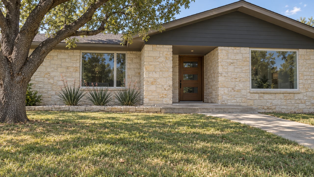 Updated single-story home with cream limestone, charcoal siding and a shaded entry beyond a broad lawn beneath a mature oak.