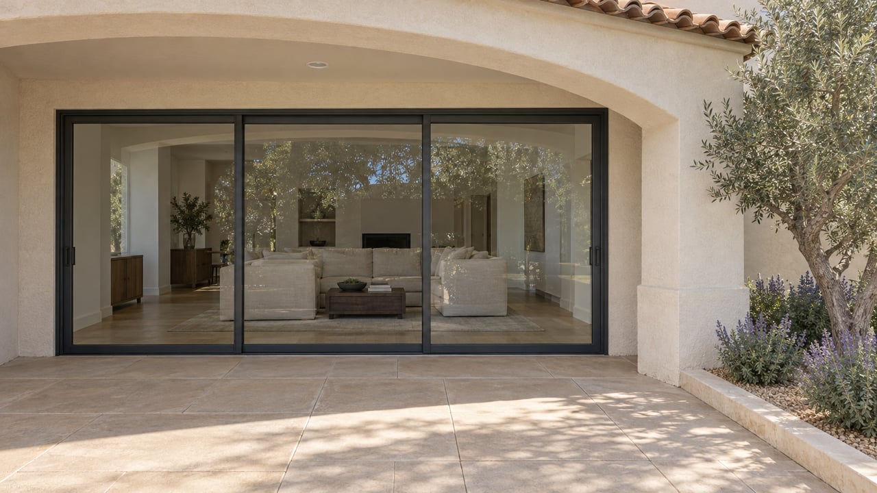Cream stucco patio with a rounded arch, closed charcoal-framed glass doors, terracotta roof tiles and an olive tree in a recessed planting bed.