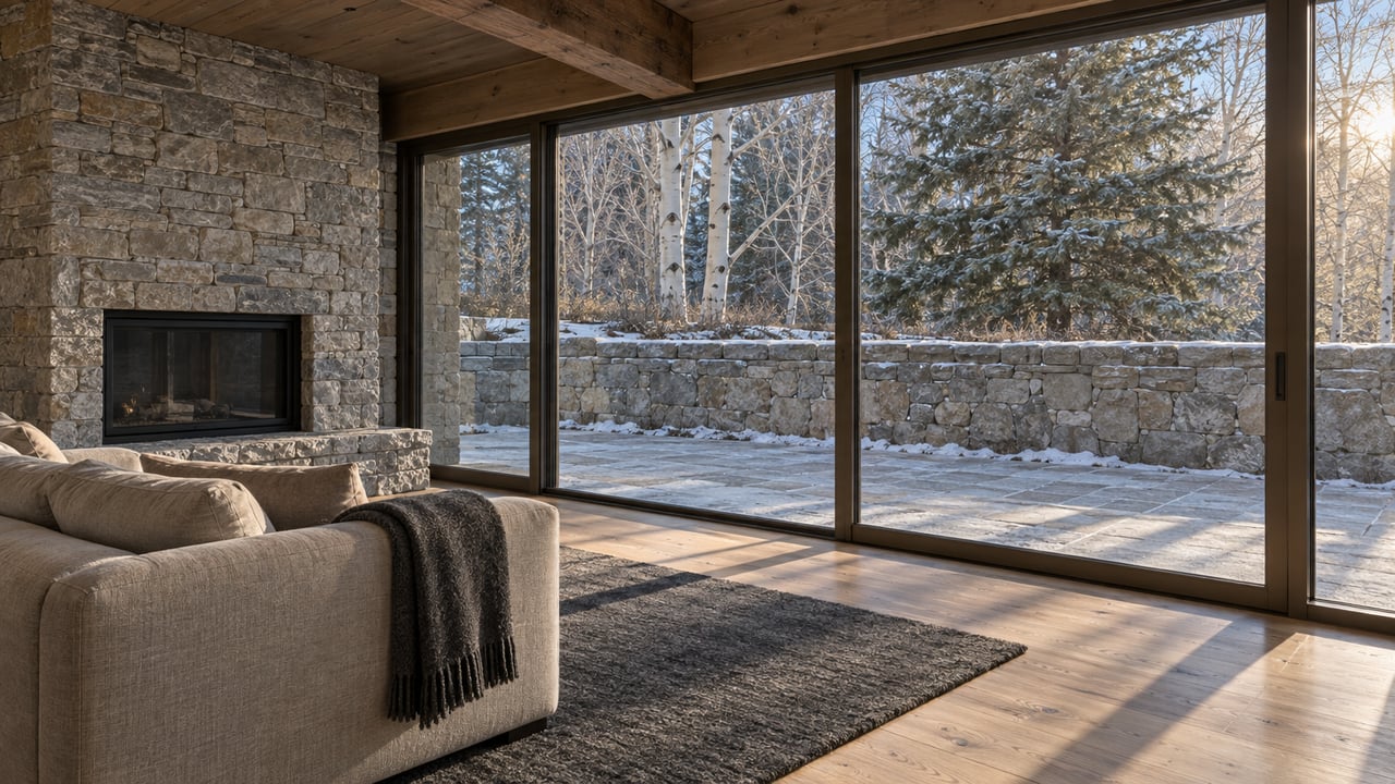 Oak and stone living room with a wool sofa and closed bronze-framed glazing overlooking a frost-dusted stone terrace.