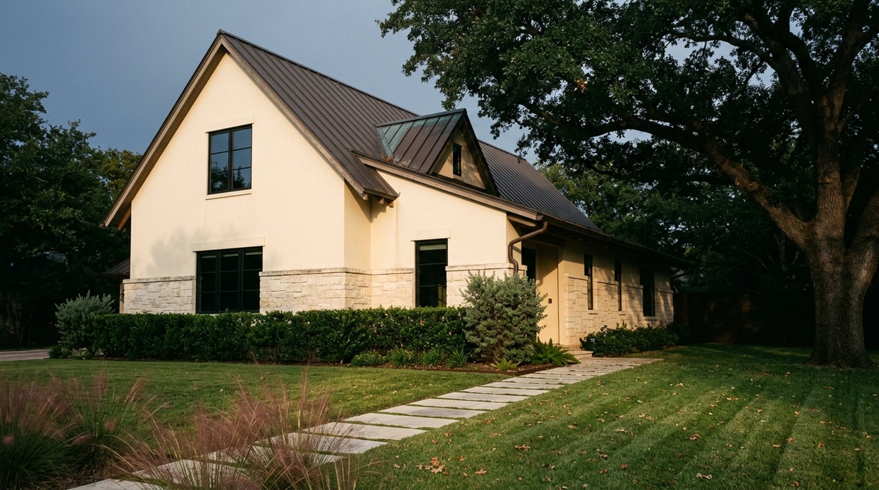 Stucco-and-limestone house with a standing-seam roof, framed by a live oak above a broad front lawn.